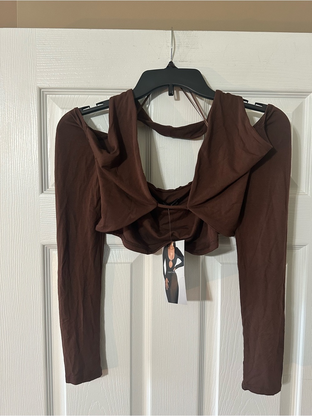 naked wardrobe Brown Long Sleeve Twist-Detail Crop Top